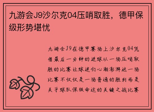 九游会J9沙尔克04压哨取胜，德甲保级形势堪忧
