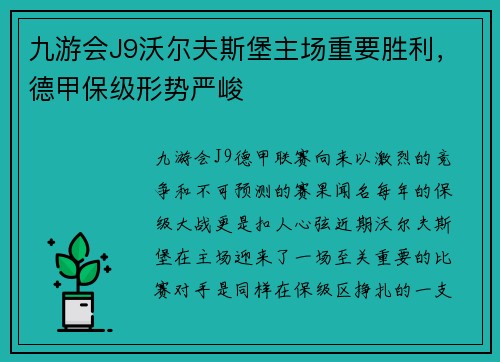 九游会J9沃尔夫斯堡主场重要胜利，德甲保级形势严峻
